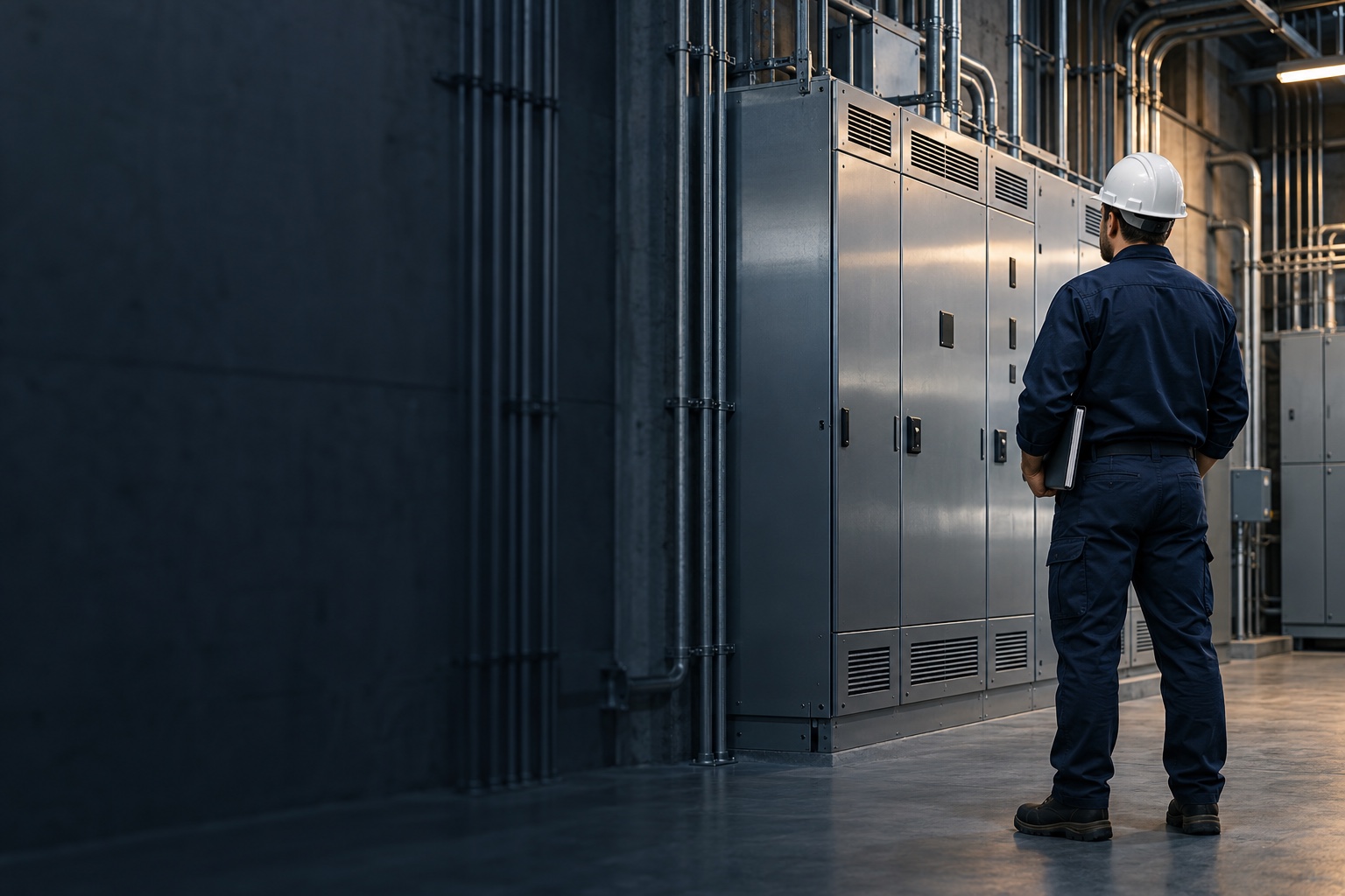 Illustrative electrician inspecting closed commercial electrical equipment